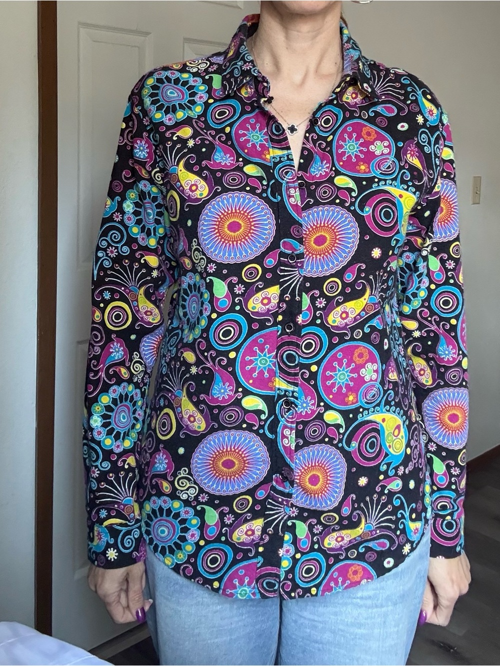 Black Multi-Color Patterned Button-Front Shirt Jacket - Picture 3 of 11